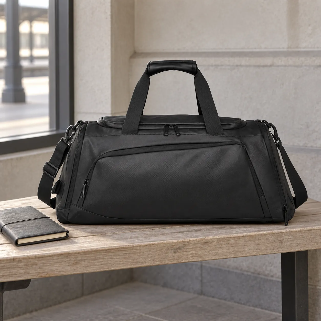 Black duffel on a bench